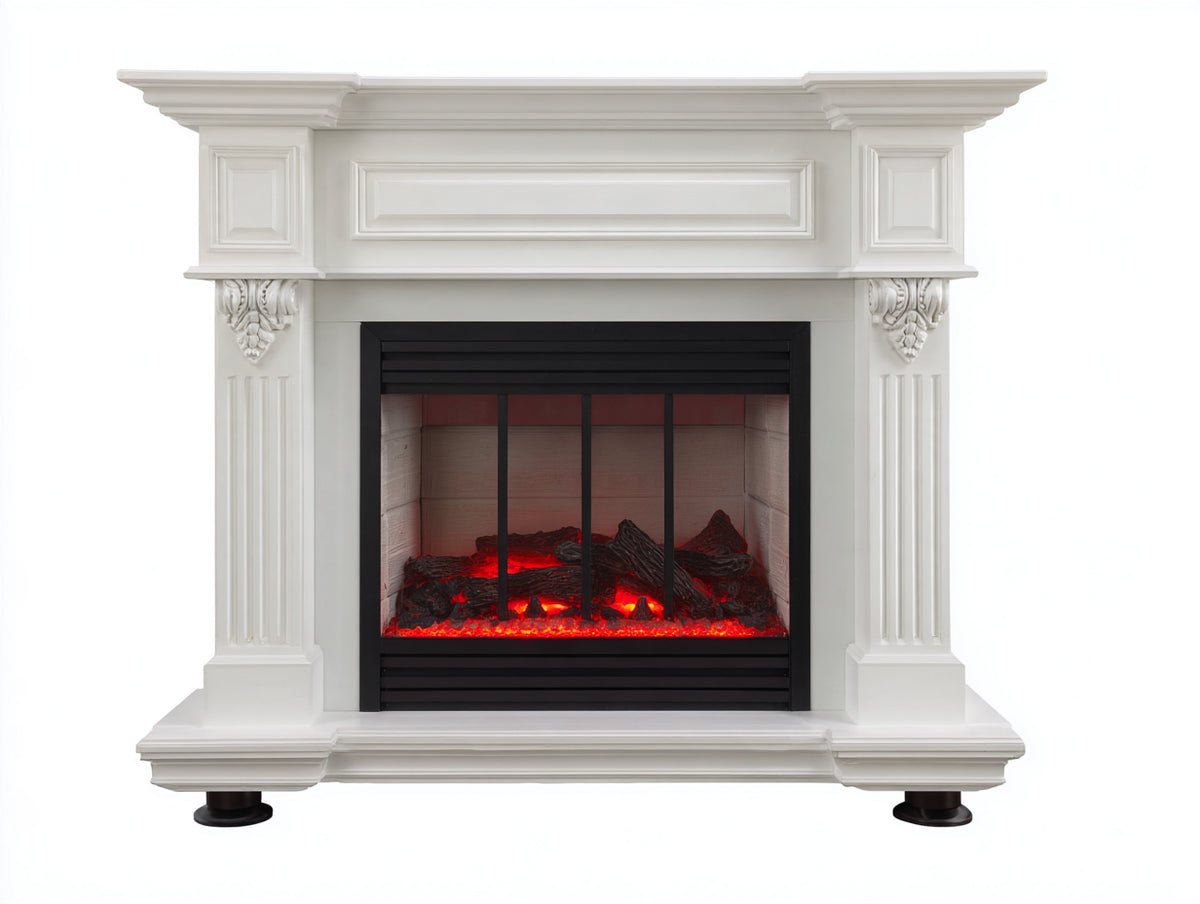 Cheminée électrique - Bois - 126x38x118 cm - Blanc - Style classique mouluré