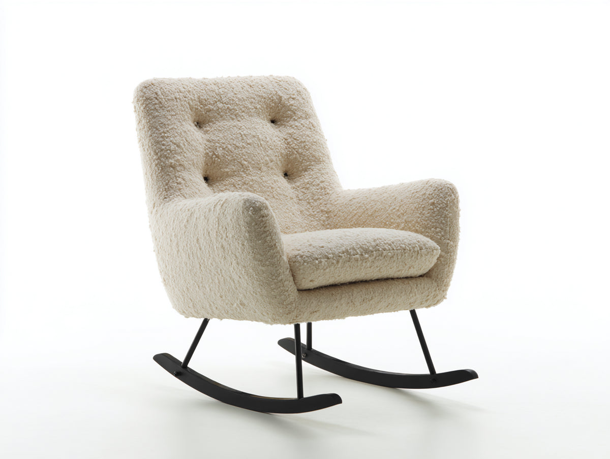 Fauteuil à bascule - Tissu bouclé - 81x95x100 cm - Crème - Style classique moderne capitonné