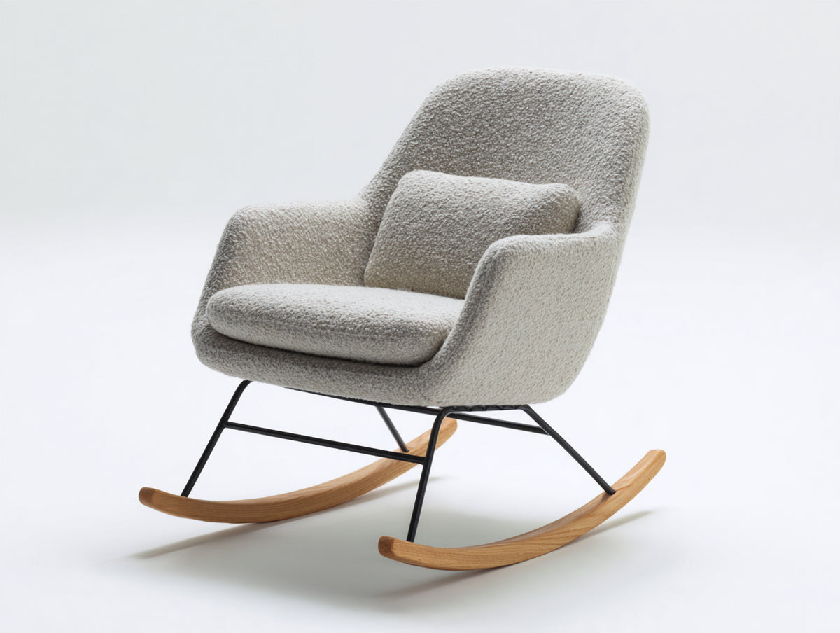 Fauteuil à bascule - Tissu bouclé - 82x96x101 cm - Gris clair - Style contemporain enveloppant
