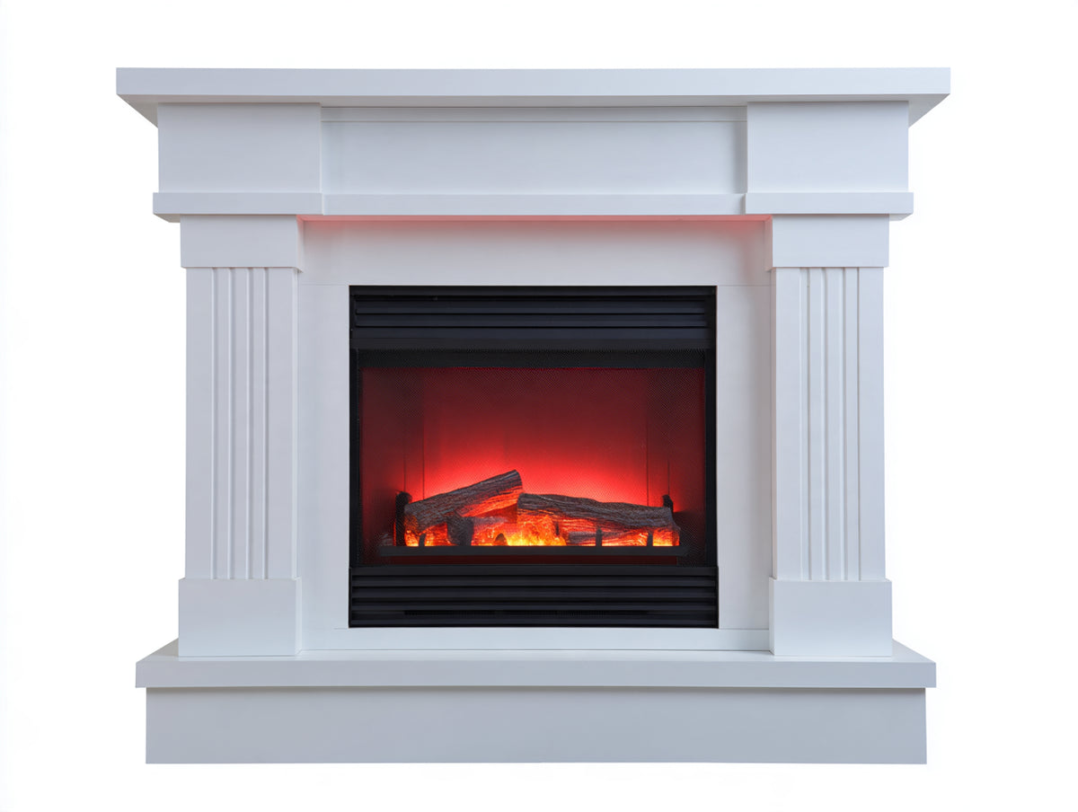 Cheminée électrique - Bois - 132x39x122 cm - Blanc - Style classique à colonnes